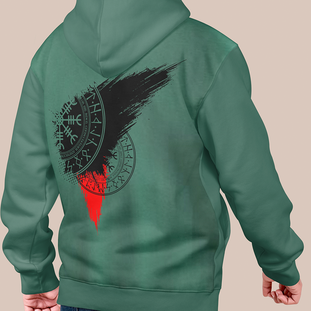 Viking Vegvísir Rune Compass Circle 550g Heavyweight Cotton Hoodie, Norse Wayfinder Rune Totem Pullover with Kangaroo Pocket, Affordable Unisex All-Ages Casual Hoodie for European Market-Viking Spirit