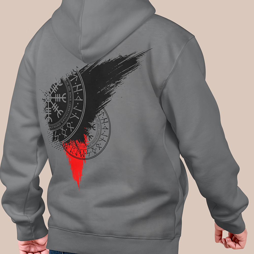 Viking Vegvísir Rune Compass Circle 550g Heavyweight Cotton Hoodie, Norse Wayfinder Rune Totem Pullover with Kangaroo Pocket, Affordable Unisex All-Ages Casual Hoodie for European Market-Viking Spirit