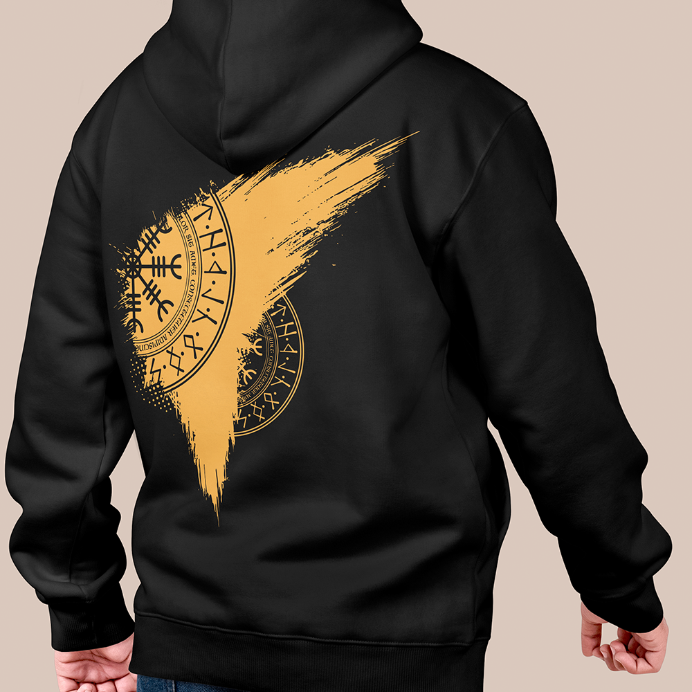 Viking Vegvísir Rune Compass Circle 550g Heavyweight Cotton Hoodie, Norse Wayfinder Rune Totem Pullover with Kangaroo Pocket, Affordable Unisex All-Ages Casual Hoodie for European Market-Viking Spirit