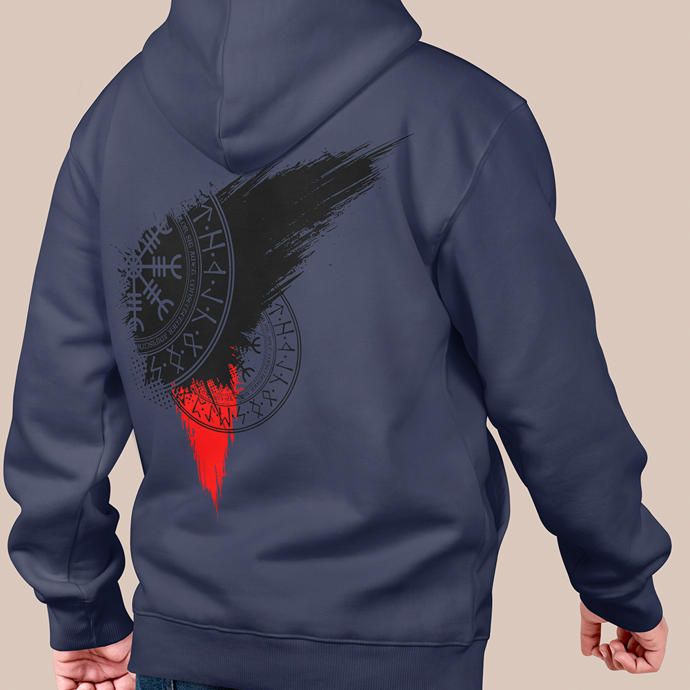 Viking Vegvísir Rune Compass Circle 550g Heavyweight Cotton Hoodie, Norse Wayfinder Rune Totem Pullover with Kangaroo Pocket, Affordable Unisex All-Ages Casual Hoodie for European Market-Viking Spirit