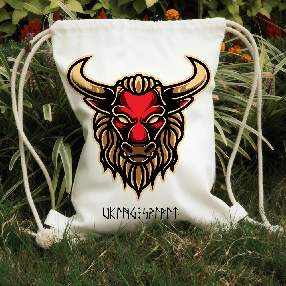Viking Red Bull Head Totem Cotton Canvas Drawstring Bag, Norse Beast Rune Heat‑Transfer Sack Backpack-Viking Spirit