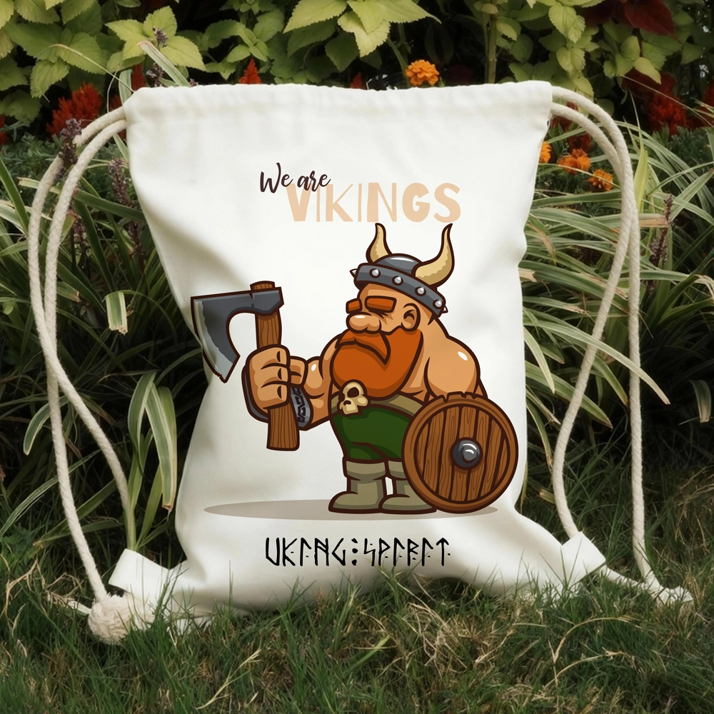 Cartoon Viking Warrior "We are VIKINGS" Cotton Canvas Drawstring Bag, Axe‑Shield Champion Rune Heat‑Transfer Sack Backpack-Viking Spirit