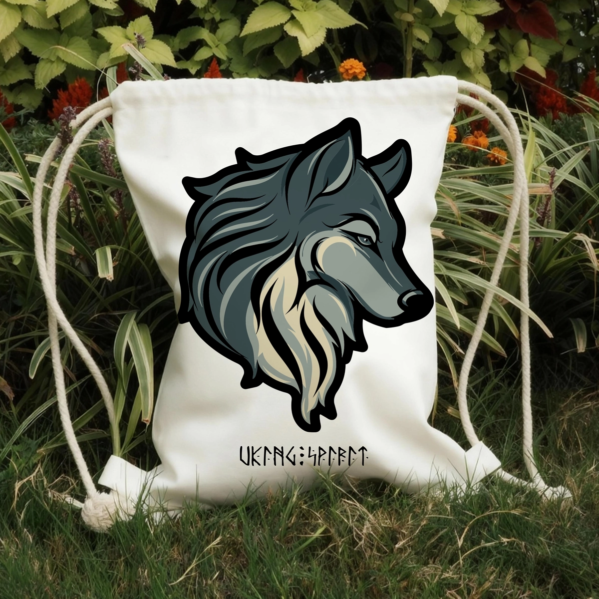  Viking Wolf Totem Cotton Canvas Drawstring Bag, Nordic Rune Heat‑Transfer Sack Backpack