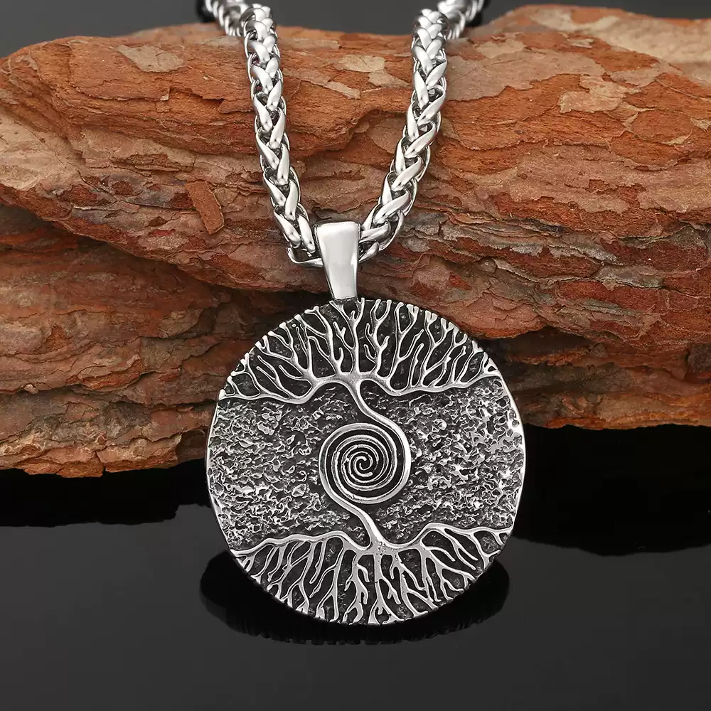 Norse Viking Yggdrasil World Tree Double Sided Pendant | Tree of Life Spiral Talisman, 316L Stainless Steel Unisex Protection Necklace