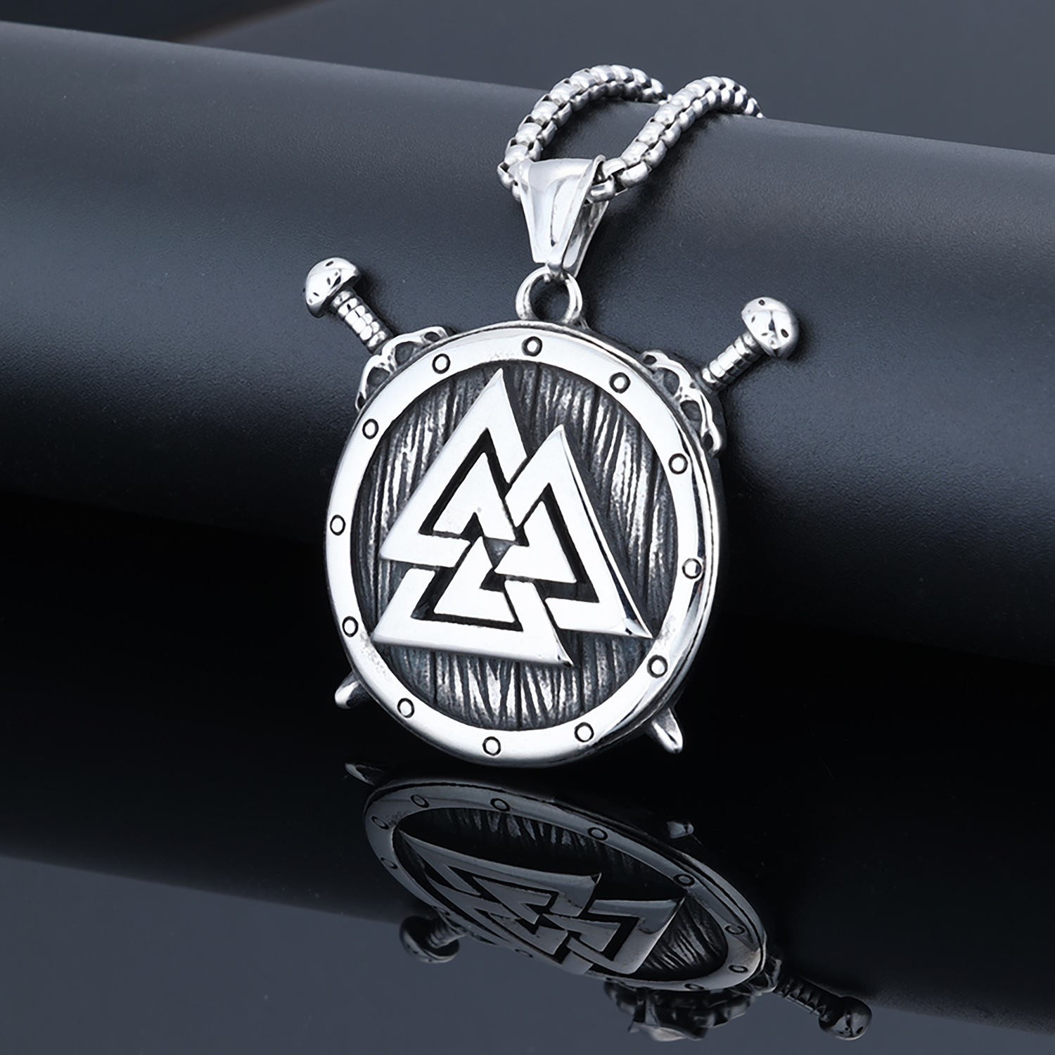 Norse Viking Valknut Shield Crossed Swords Pendant | Odin Warrior Amulet, 316L Stainless Steel Unisex Strength & Protection Necklace