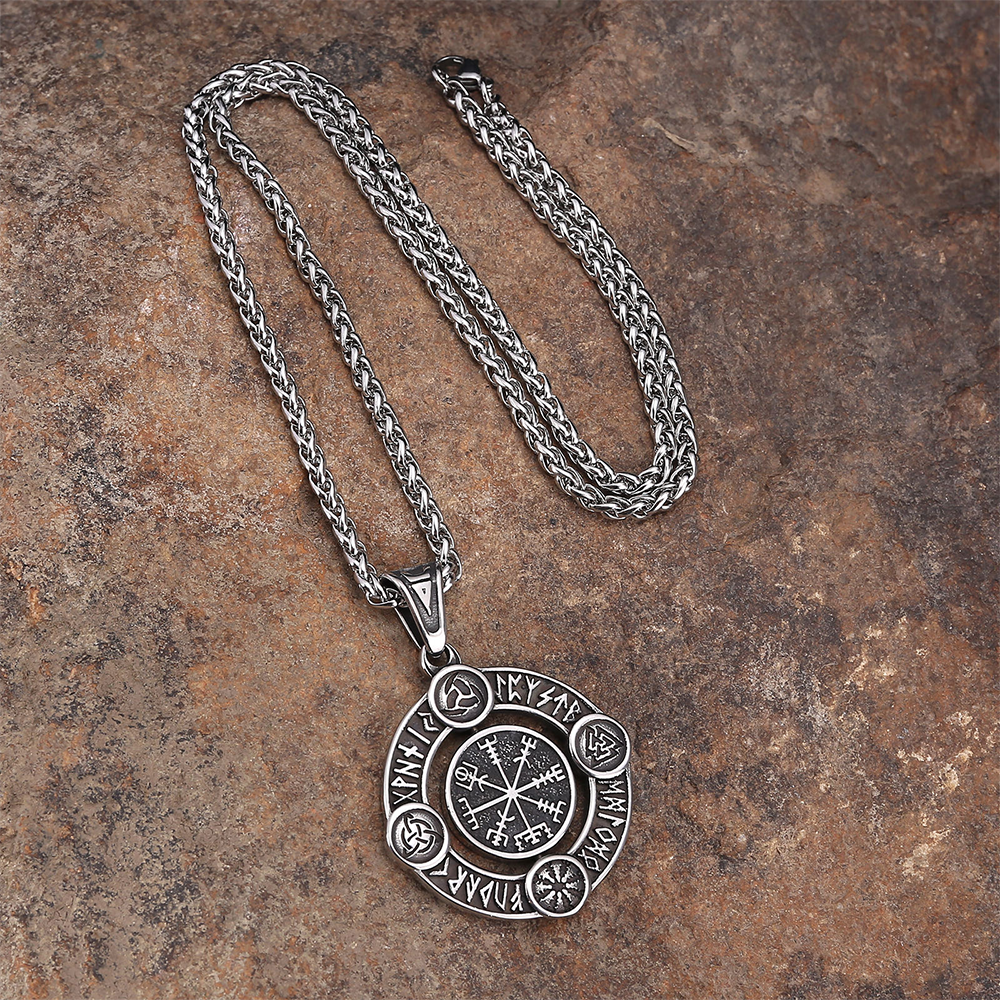 Norse Rotatable Viking Vegvísir Rune Circle Pendant | Elder Futhark Multi-Symbol Amulet, 316L Stainless Steel Unisex Journey Protection Necklace
