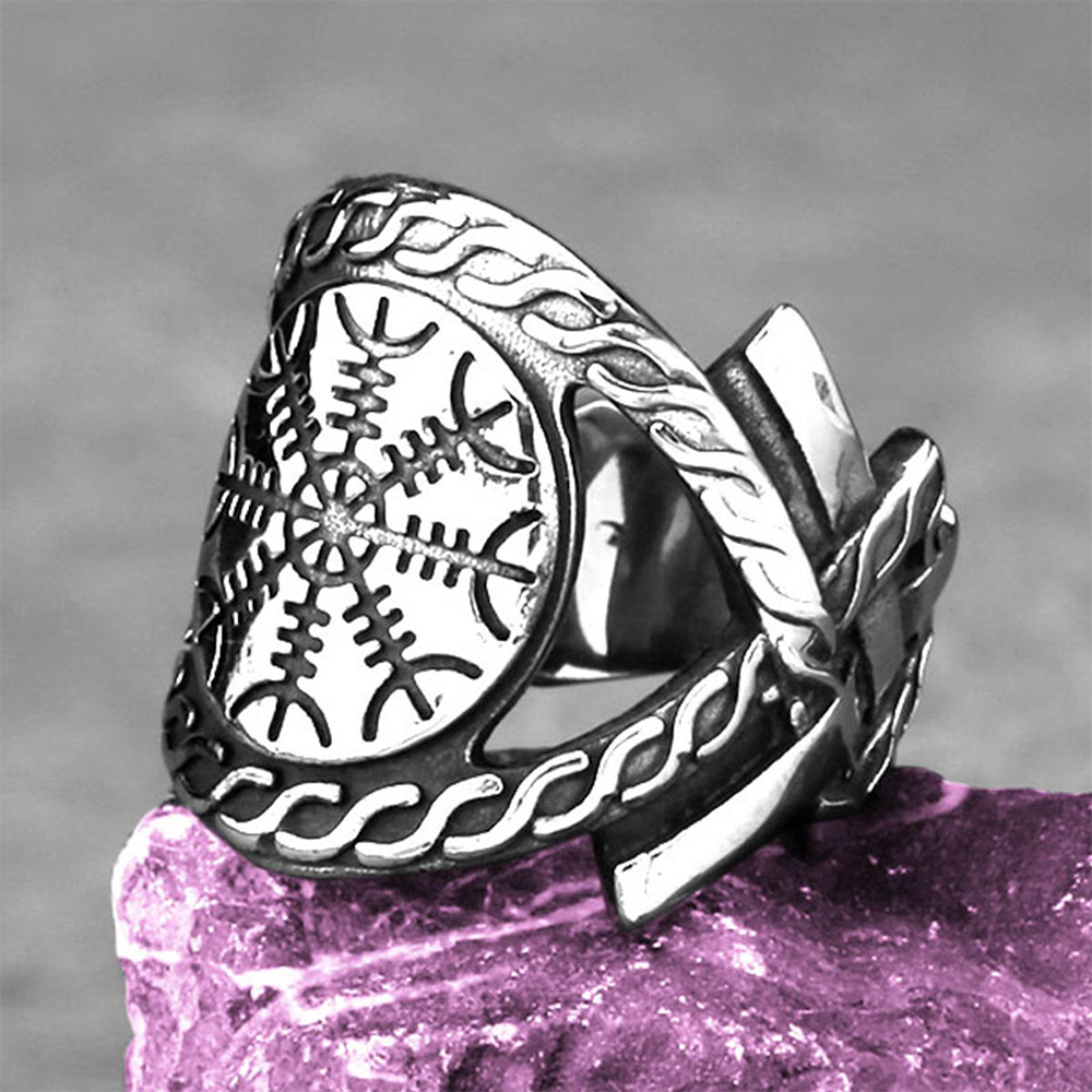 [Copy]Viking Mjolnir Thor's Hammer Rune Ring | 316L Stainless Steel Antique Hollow Unisex Norse Protective Band
