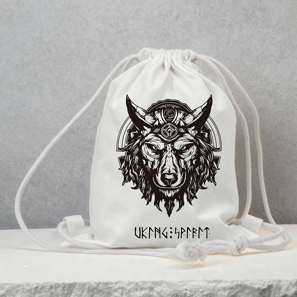Fenrir Viking Giant Wolf Head Illustration Cotton Canvas Drawstring Backpack, Norse Mythology Legend Heat‑Transfer Gym Sack Bag, Affordable Unisex Nordic Storage Sack for All Ages for European Market-Viking Spirit