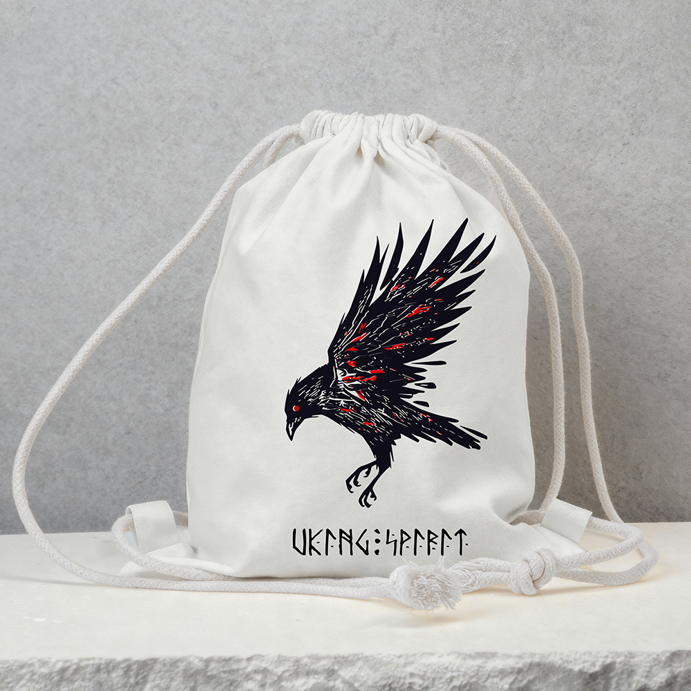 Black‑Red Battle‑Scarred Odin's Raven Cotton Canvas Drawstring Backpack, Aggressive Viking Crow Heat‑Transfer Gym Sack Bag, Affordable Unisex Nordic Storage Sack for All Ages for European Market-Viking Spirit