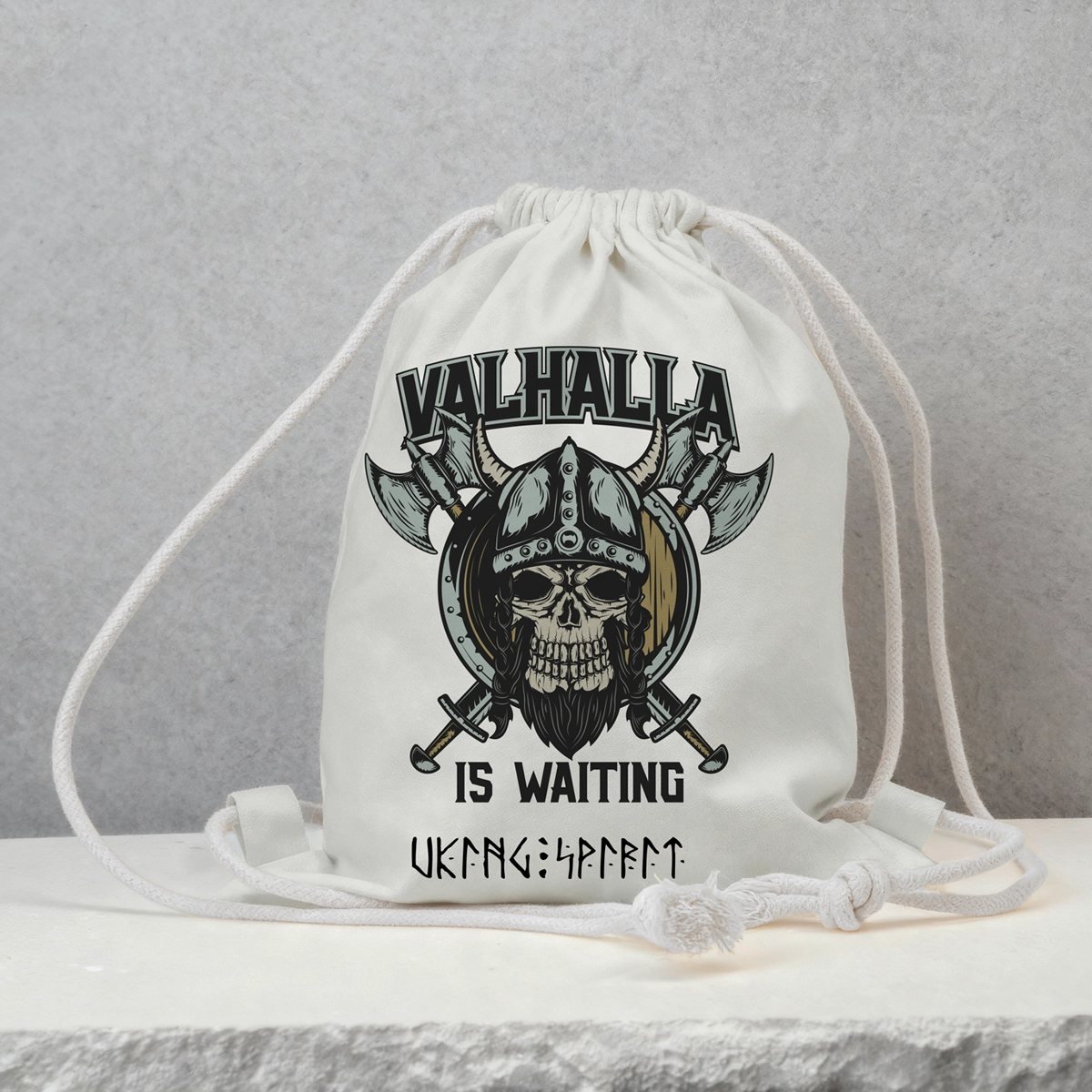 Valhalla Viking Skull Warrior Cotton Canvas Drawstring Bag, Norse Rune Heat‑Transfer Sack Backpack