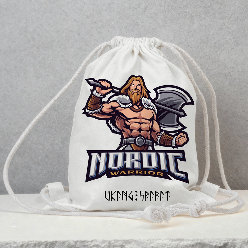 Nordic Warrior Cotton Canvas Drawstring Bag, Viking Axe‑Wielding Champion Slogan Norse Rune Heat‑Transfer Sack Backpack-Viking Spirit