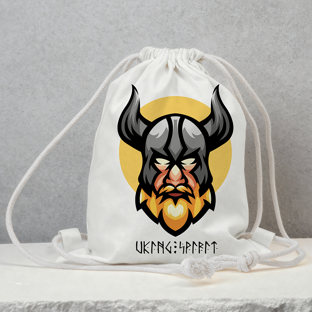 Viking Warrior Head with Horned Helmet Cotton Canvas Drawstring Bag, Norse Fighter Rune Heat‑Transfer Sack Backpack-Viking Spirit