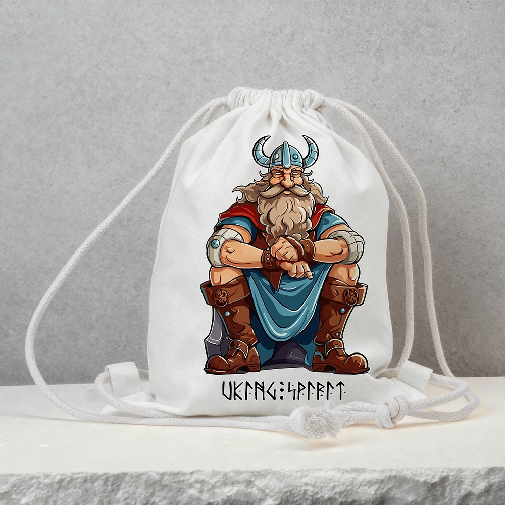 Cartoon Seated Old Viking Warrior Cotton Canvas Drawstring Bag, Vintage Norse Champion Rune Heat‑Transfer Sack Backpack-Viking Spirit