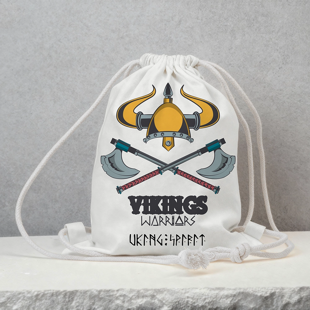 Vikings Warriors Horned Helmet Cross‑Battle‑Axe Cotton Canvas Drawstring Bag, Norse Warrior Weapon Totem Rune Heat‑Transfer Sack Backpack-Viking Spirit