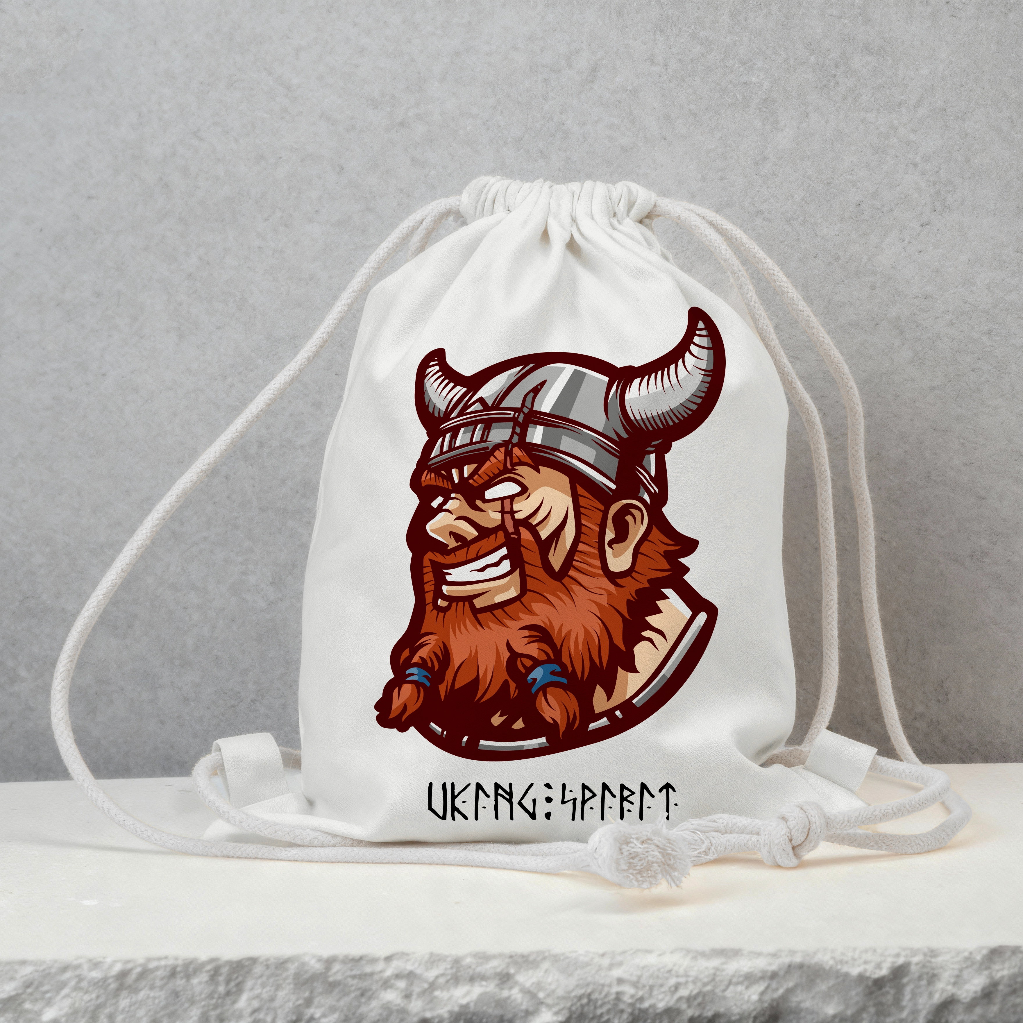 Vikings Warriors Horned Helmet Cross‑Battle‑Axe Cotton Canvas Drawstring Bag, Norse Warrior Weapon Totem Rune Heat‑Transfer Sack Backpack-Viking Spirit