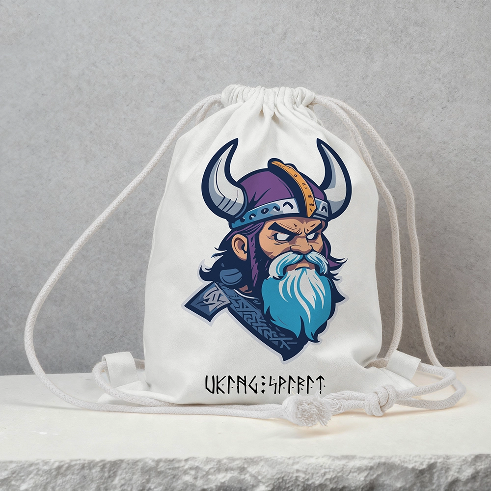 Viking Warrior Head with Purple‑Horned Helmet & Blue‑Beard Cotton Canvas Drawstring Bag, Norse Fighter Rune Heat‑Transfer Sack Backpack-Viking Spirit