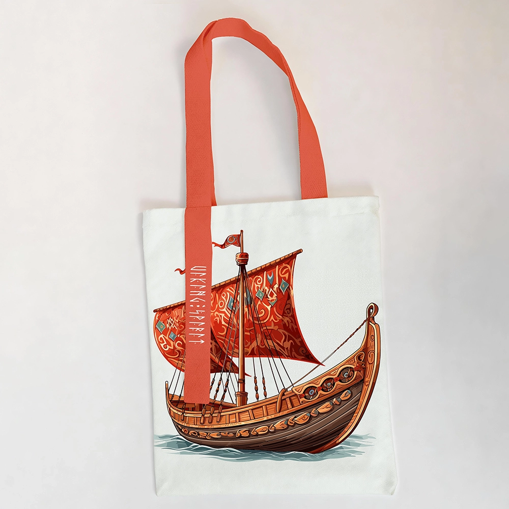Viking Longship Drakkar Cotton Canvas Tote Bag, Norse Warship Rune Heat‑Transfer Shoulder Handbag