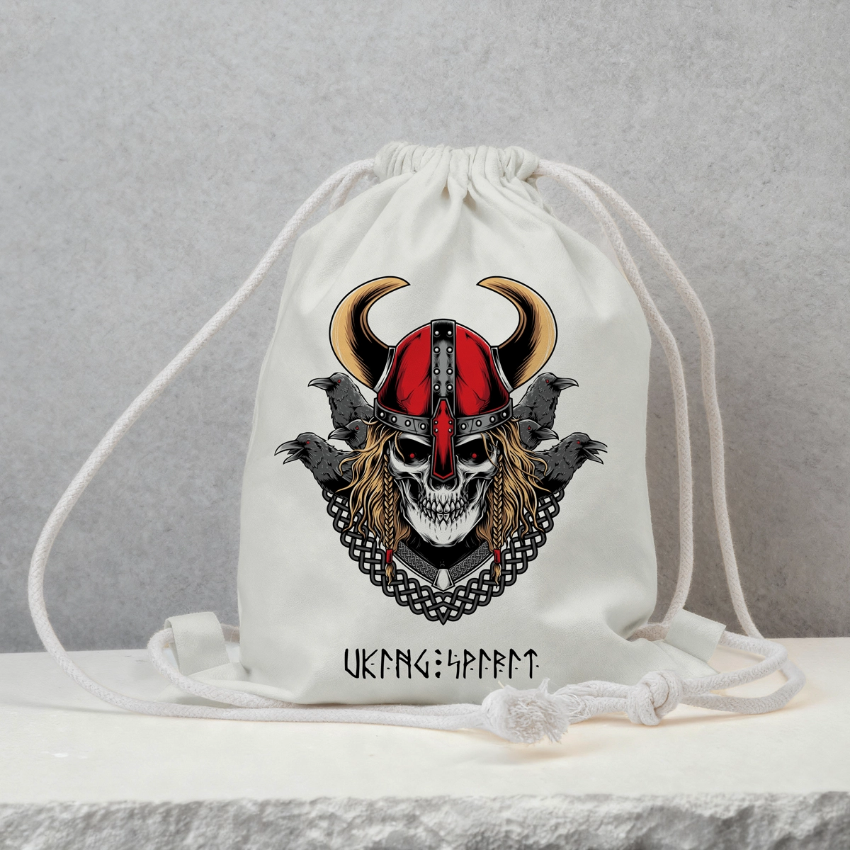 Viking Odin Raven Skull Cotton Canvas Drawstring Bag, Celtic Knot Norse Rune Heat‑Transfer Sack Backpack-Viking Spirit
