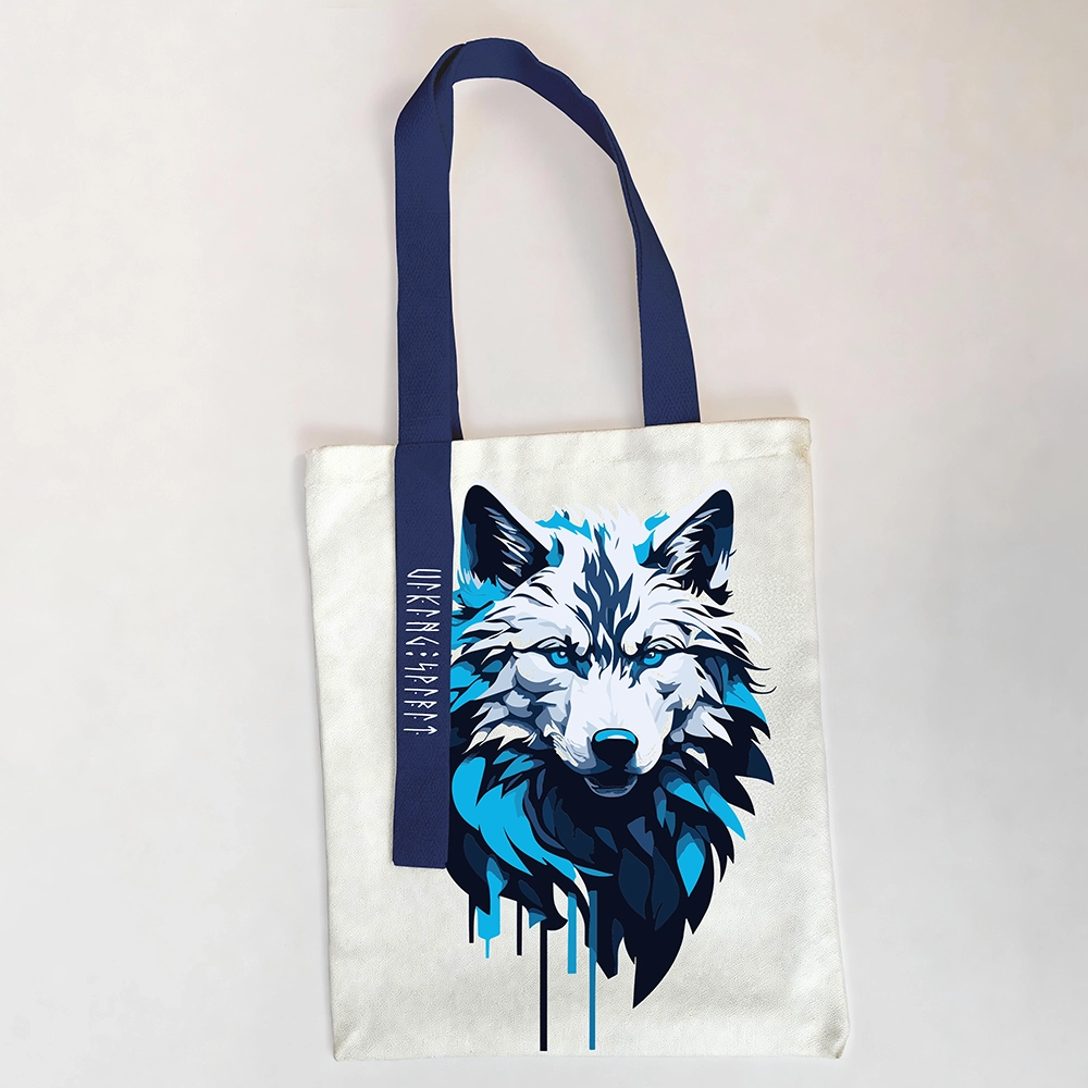 Ice‑Blue Norse Mythology Fenrir Giant Wolf Cotton Canvas Tote Bag, Viking Wolf Totem Rune Heat‑Transfer Shoulder Handbag-Viking Spirit
