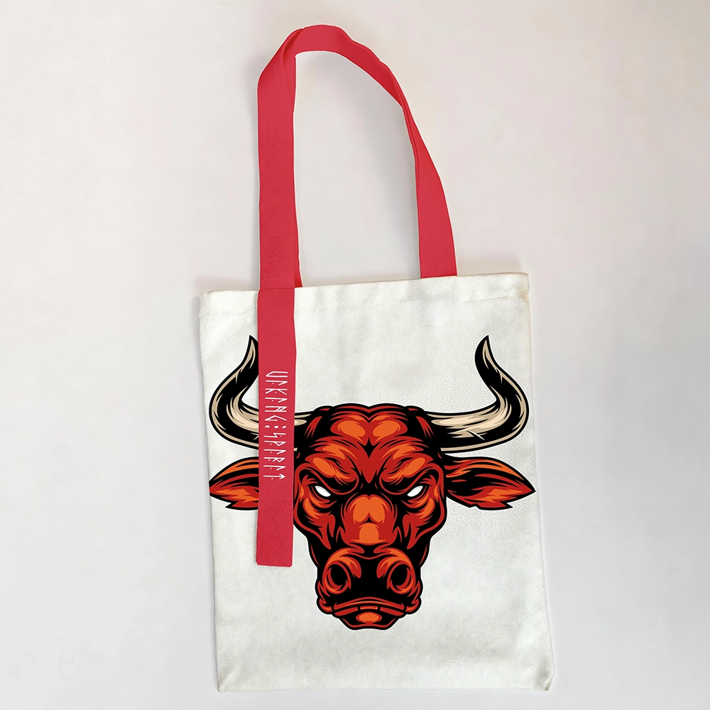 Viking Mythology Fierce Red Bull Head Cotton Canvas Tote Bag, Norse Power Totem Rune Heat‑Transfer Shoulder Handbag-Viking Spirit