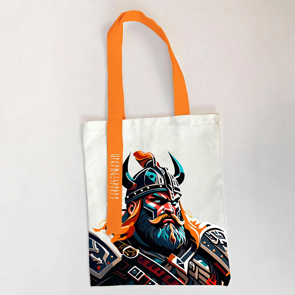 Armored Viking Warrior Cotton Canvas Tote Bag, Norse Armored Fighter Rune Heat‑Transfer Shoulder Handbag-Viking Spirit