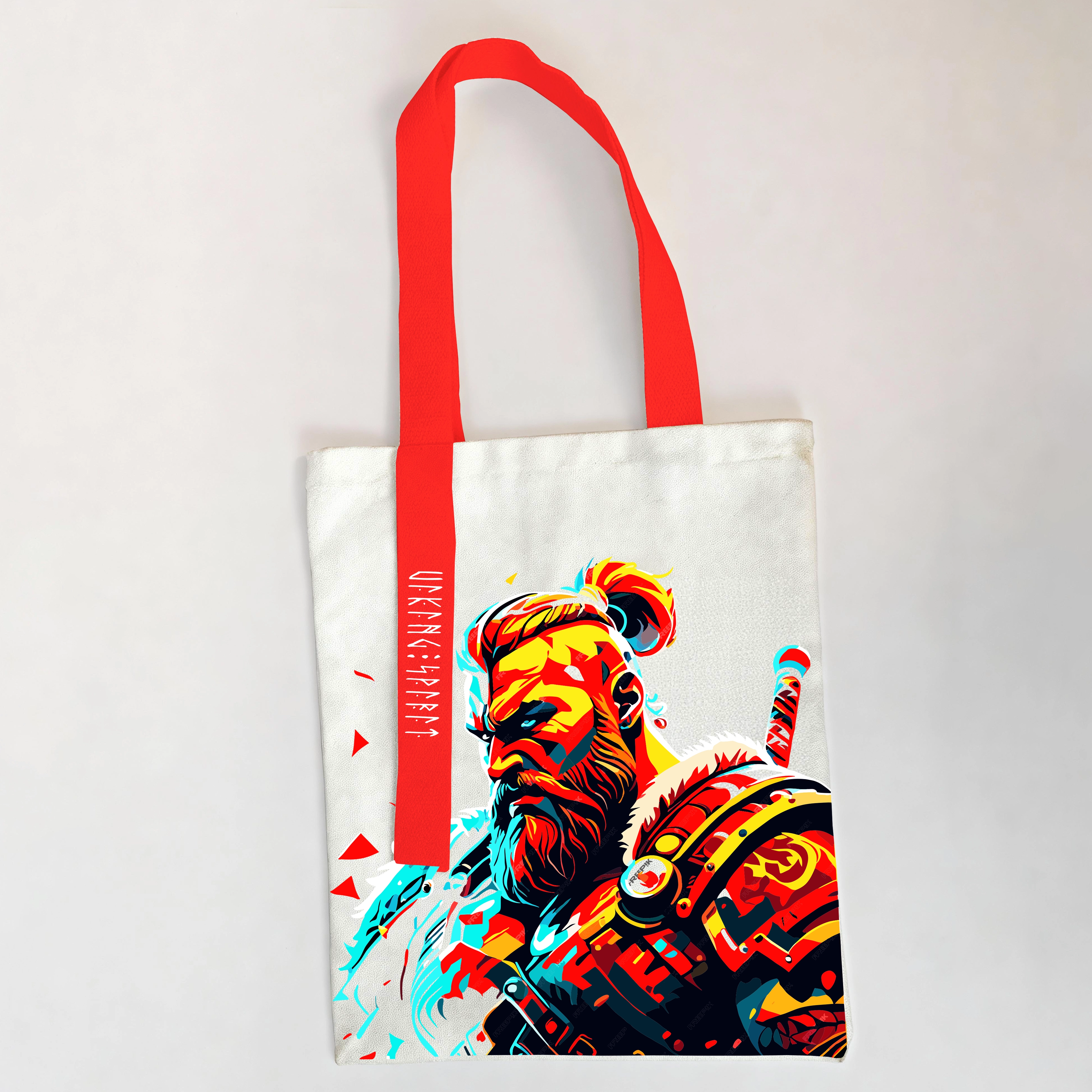 Pop‑Art Viking Berserker Cotton Canvas Tote Bag, Color‑Contrast Norse Warrior Rune Heat‑Transfer Shoulder Handbag-Viking Spirit