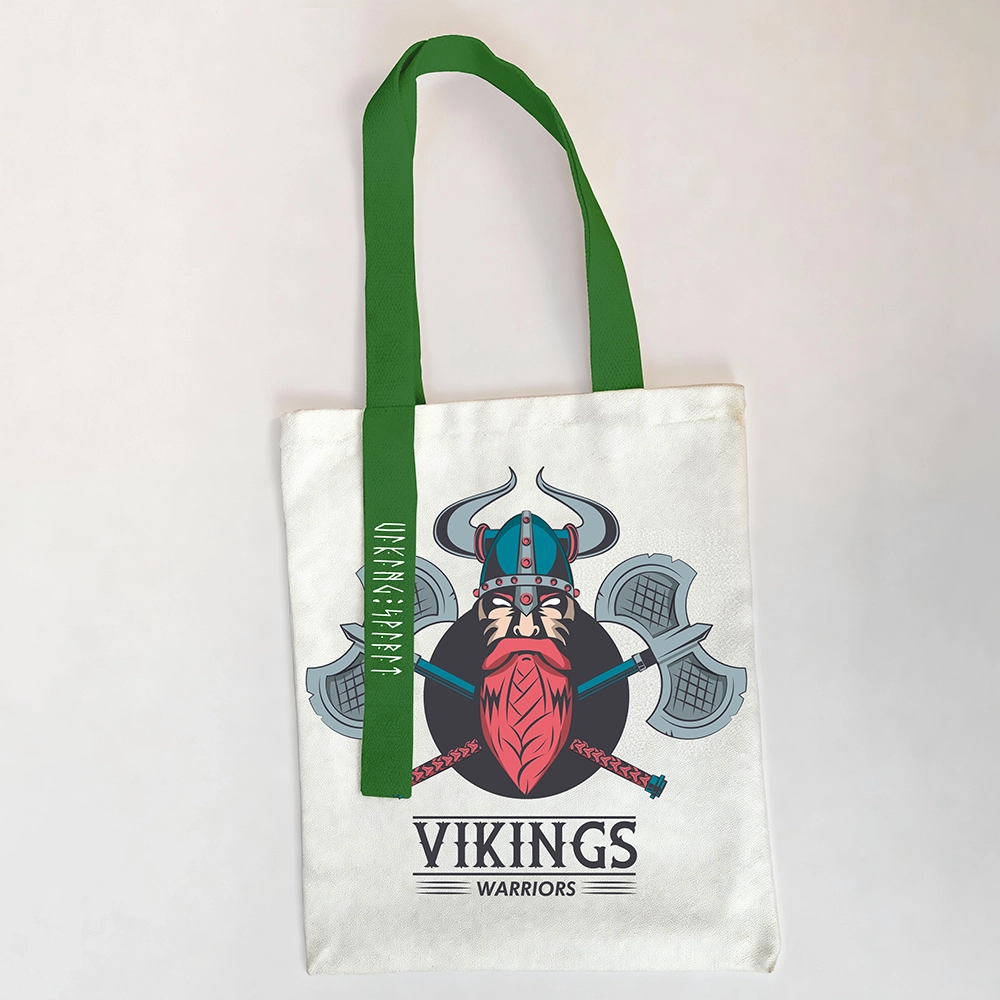 Double‑Axe Viking Warrior VIKINGS Logo Cotton Canvas Tote Bag, Norse Axe Fighter Rune Heat‑Transfer Shoulder Handbag-Viking Spirit