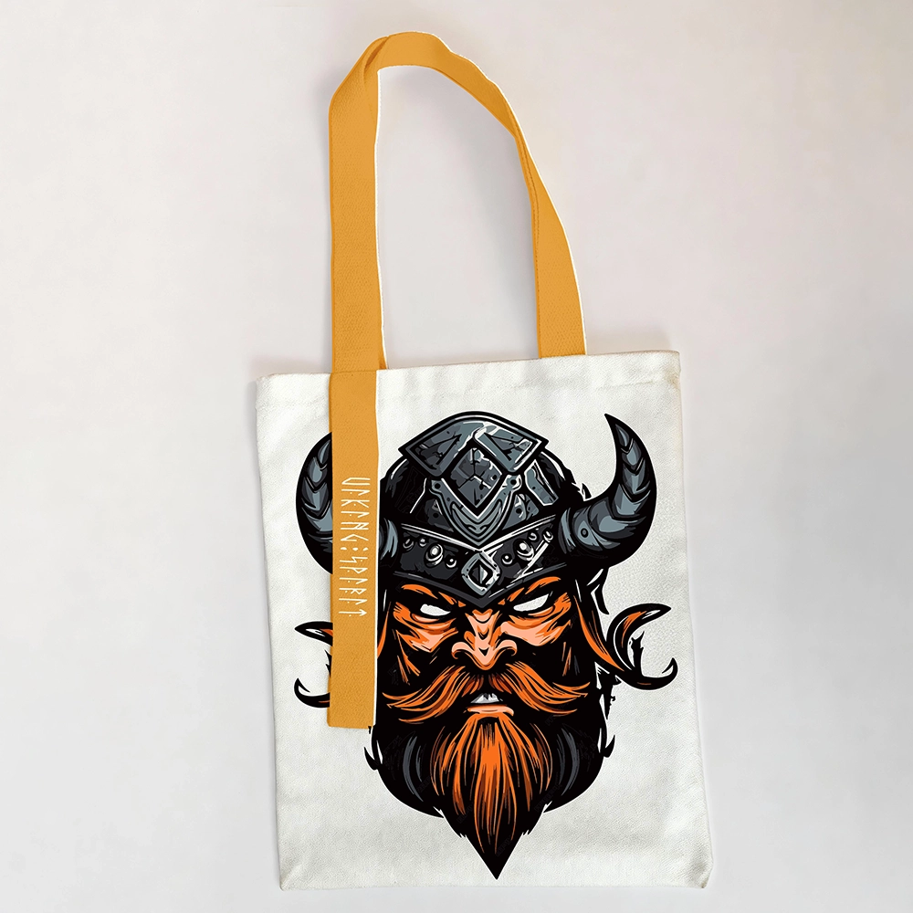 Horned Helmet Viking Chieftain Cotton Canvas Tote Bag, Norse Warrior Head Rune Heat‑Transfer Shoulder Handbag, Affordable Nordic Gift for Men Women All‑Ages-Viking Spirit