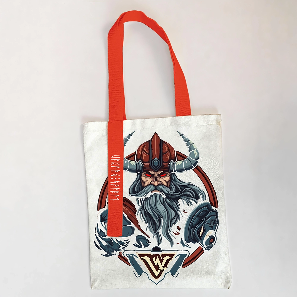 Red‑Helmet Red‑Eyes Viking Warrior God Cotton Canvas Tote Bag, Red‑Handle Norse Champion V‑Emblem Rune Heat‑Transfer Shoulder Handbag, Affordable Unisex Nordic Gift for All Ages for European Market-Viking Spirit