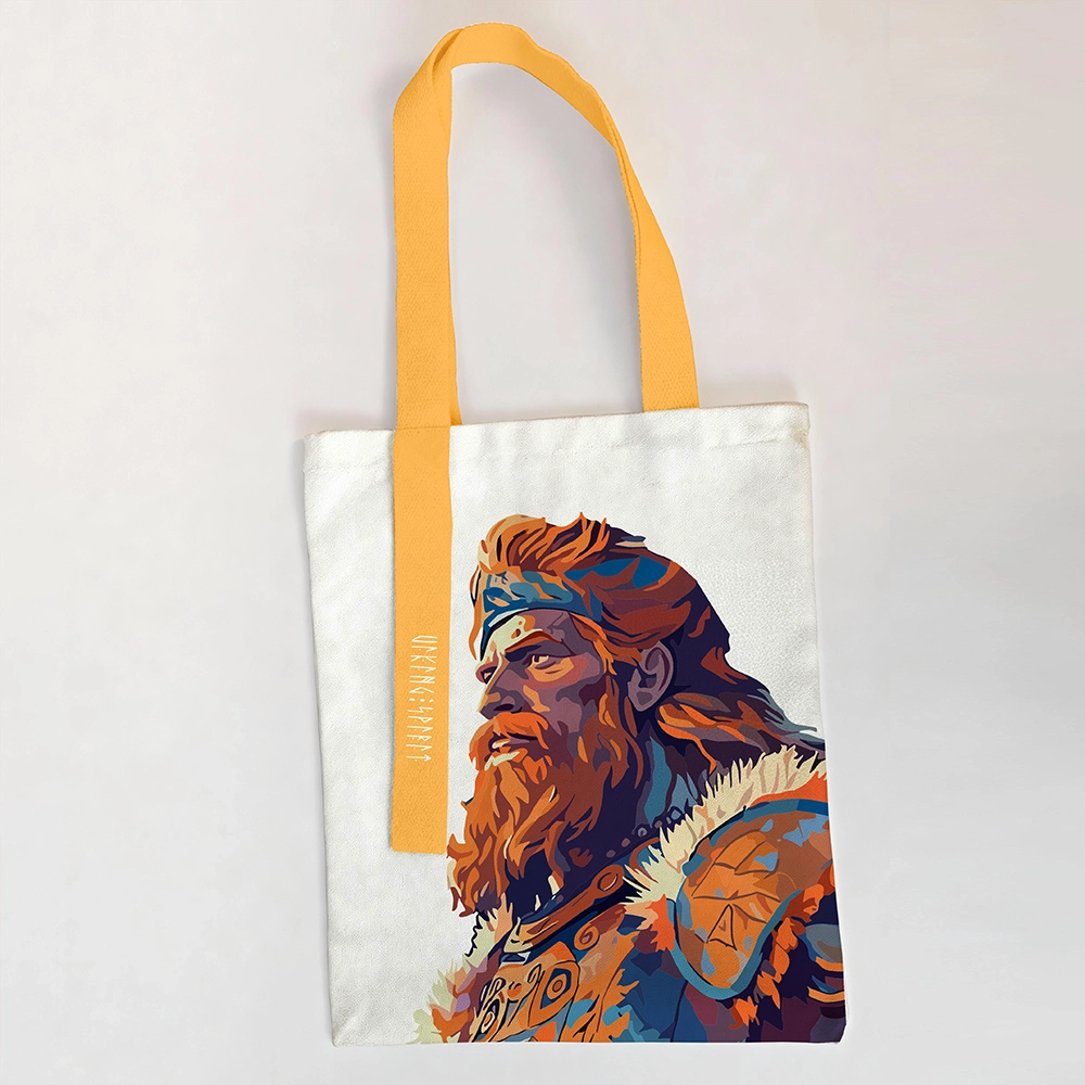 Art‑Block Illustration Profile Viking Leader Cotton Canvas Tote Bag, Orange‑Yellow Handle Norse Figure Rune Heat‑Transfer Shoulder Handbag, Affordable Unisex Nordic Gift for All Ages for European Market-Viking Spirit