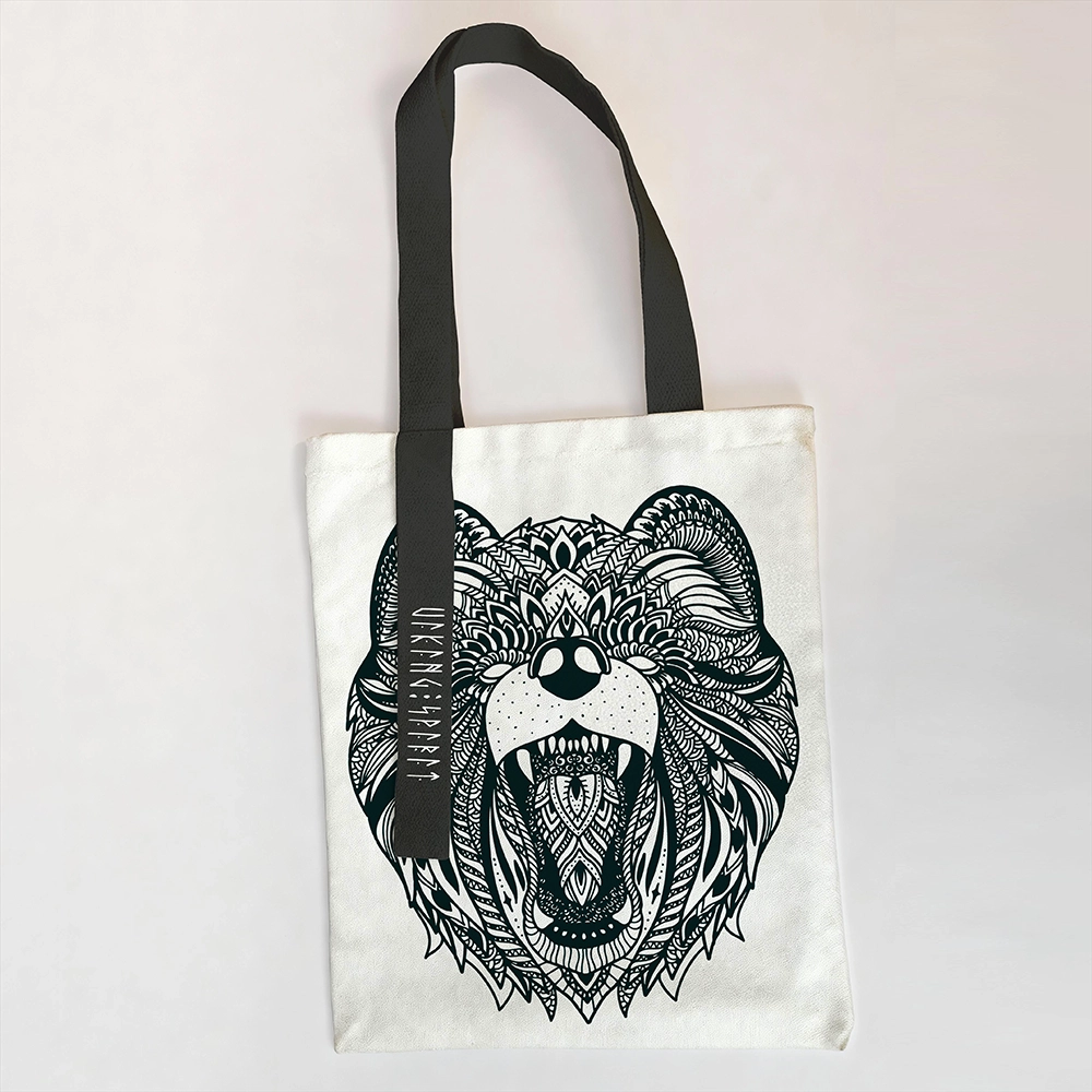 Norse Mythology Giant Bear 100% Cotton Canvas Tote Bag—Black Handles, Viking Rune Heat-Transferred Print, Handheld or Shoulder Bag—European-Style, Great Value, Unisex Cultural and Creative Shopping Bag-Viking Spirit