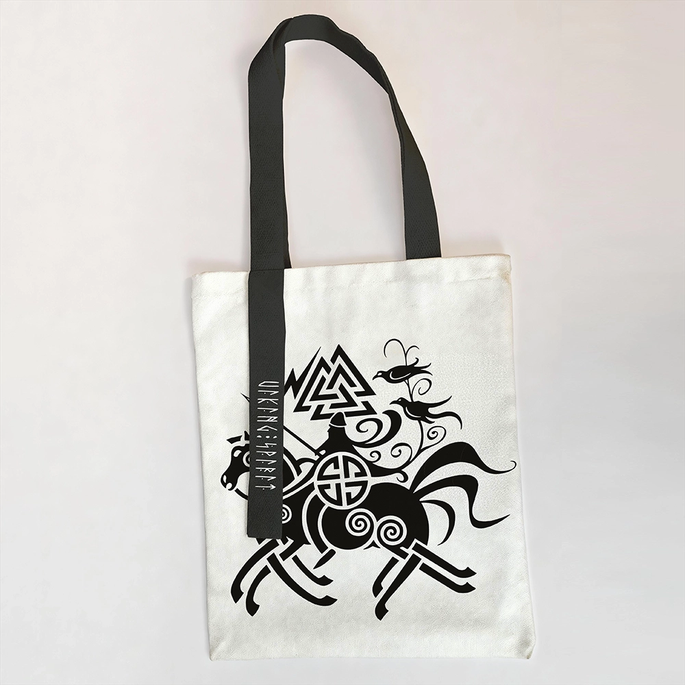 Norse Mythology Odin's Eight‑Legged Horse Sleipnir & Valknut Symbol Cotton Canvas Tote Bag, Black‑Handle Viking Rune Heat‑Transfer Shoulder Handbag, Affordable Unisex Nordic Gift for All Ages for European Market-Viking Spirit