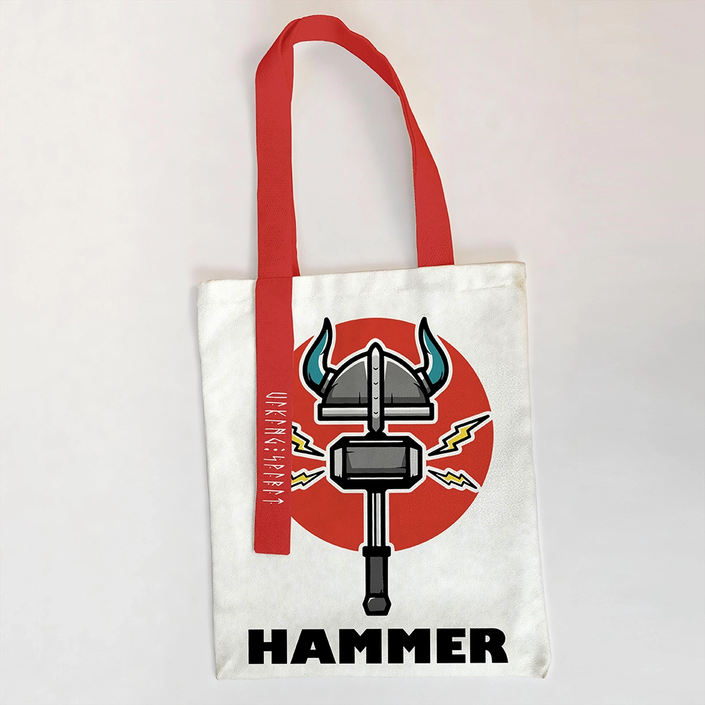 Cartoon Thor's Hammer Mjölnir Horned Helmet Cotton Canvas Tote Bag, Red‑Handle Viking Lightning Rune Heat‑Transfer Shoulder Handbag, Affordable Unisex Nordic Gift for All Ages for European Market-Viking Spirit