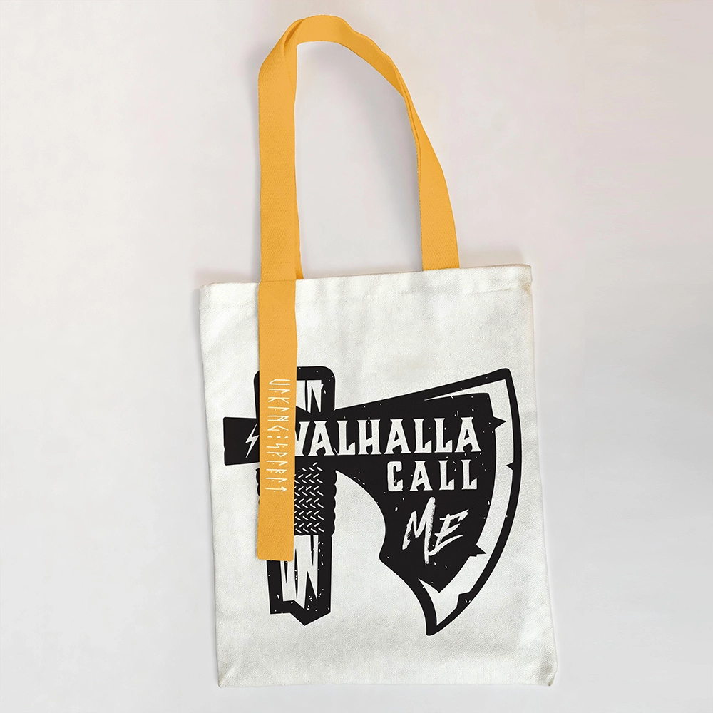 Valhalla Call Me Distressed Viking Axe Cotton Canvas Tote Bag, Orange‑Yellow Handle Norse Rune Heat‑Transfer Shoulder Handbag, Affordable Unisex Nordic Gift for All Ages for European Market-Viking Spirit