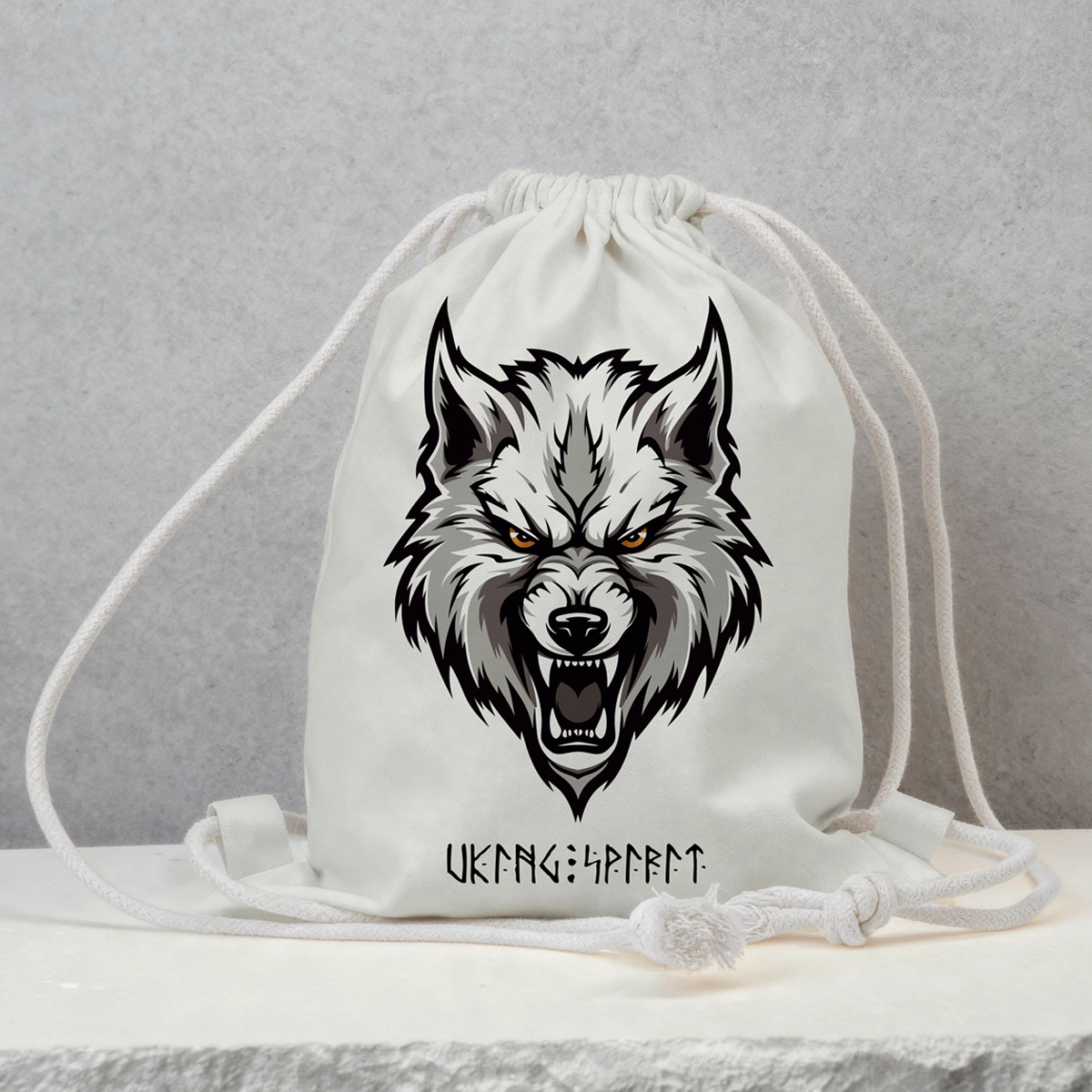 Viking Fenrir Giant Wolf Cotton Canvas Drawstring Bag, Norse Rune Heat‑Transfer Sack Backpack