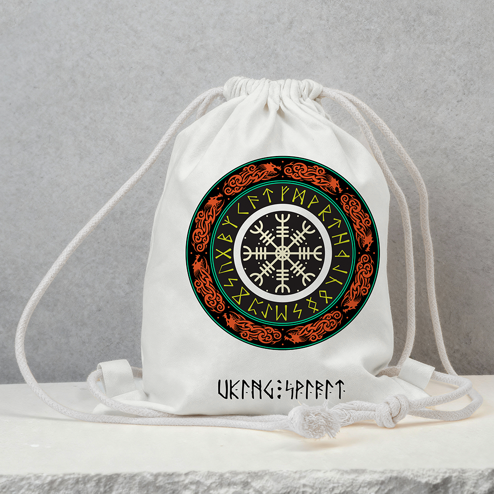Viking Compass Vegvísir Rune Circle Cotton Canvas Drawstring Backpack, Norse Dragon‑Ornament Heat‑Transfer Gym Sack Bag, Affordable Unisex Nordic Storage Sack for All Ages for European Market-Viking Spirit