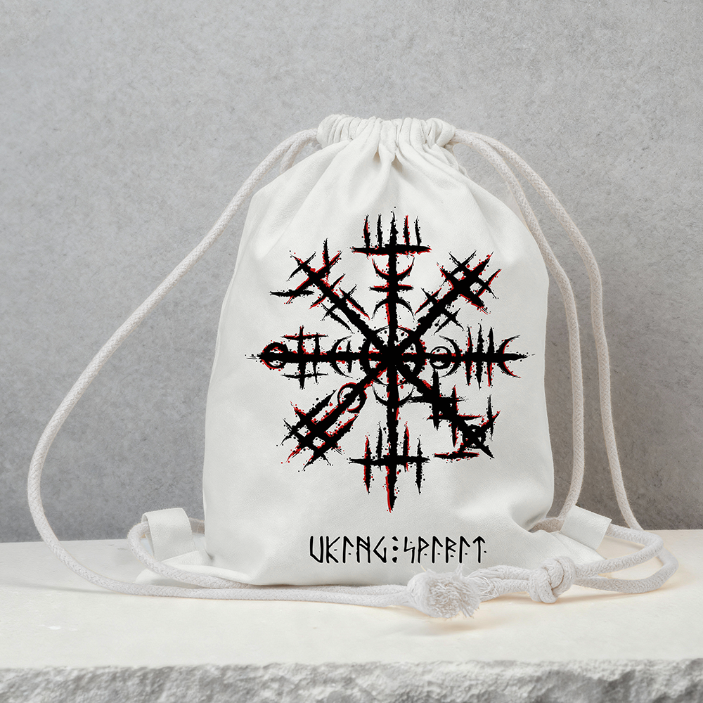 Black‑Red Distressed Aegishjalmur Helm of Awe Cotton Canvas Drawstring Backpack, Viking Power Talisman Norse Rune Heat‑Transfer Gym Sack Bag, Affordable Unisex Nordic Storage Sack for All Ages for European Market-Viking Spirit