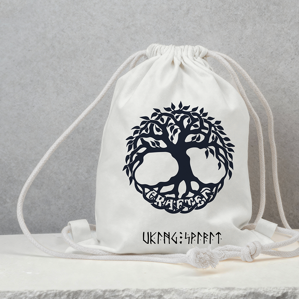 Yggdrasil Tree of Life Cotton Canvas Drawstring Backpack, Celtic Letter Heat‑Transfer Gym Sack Bag, Affordable Unisex Nordic Storage Sack for All Ages for European Market-Viking Spirit