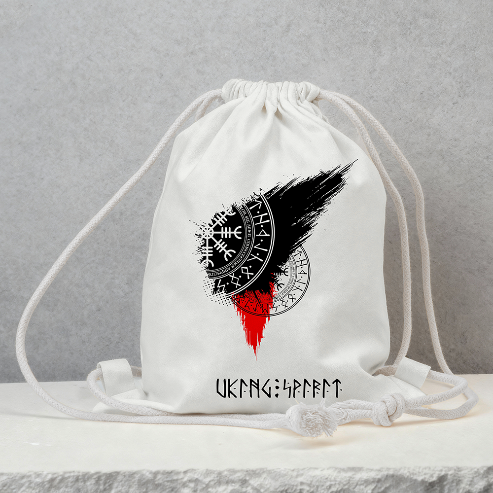 Vegvisir Viking Compass Black‑Red Brush‑Stroke Cotton Canvas Drawstring Backpack, Norse Rune Symbol Heat‑Transfer Gym Sack Bag, Affordable Unisex Nordic Storage Sack for All Ages for European Market-Viking Spirit