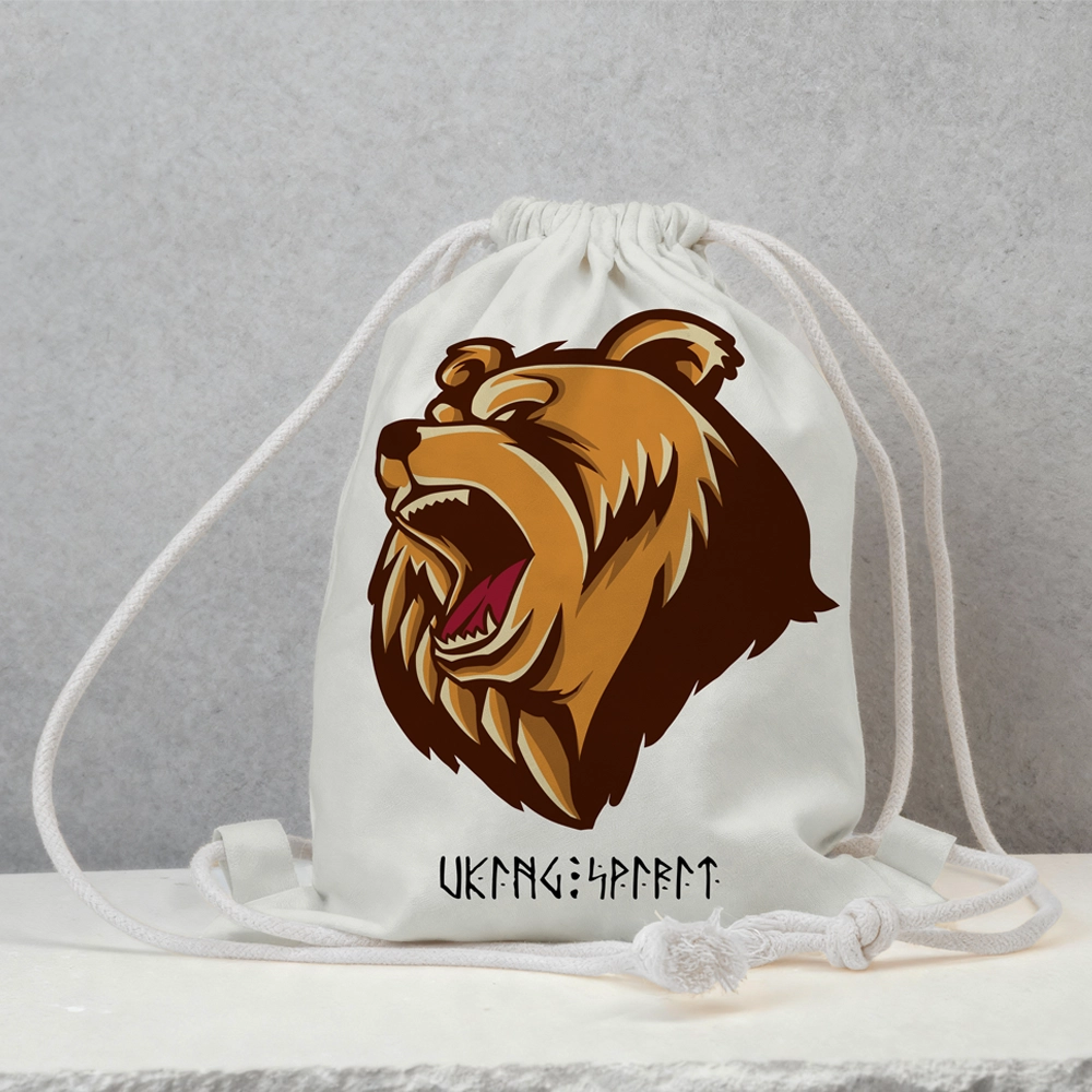 Viking Berserker Bear Cotton Canvas Drawstring Bag, Norse Rune Heat‑Transfer Sack Backpack