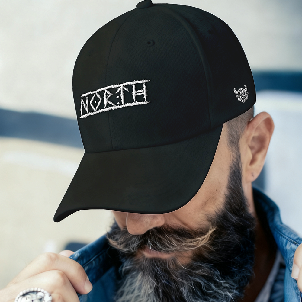 NORTH Rune‑Style Text Embroidered Cotton Baseball Cap, Norse Viking Northern Spirit Sun Dad Hat, Affordable Unisex‑All‑Ages Outdoor Casual Cap for European Market-Viking Spirit