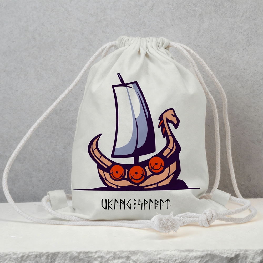 Viking Drakkar Longship Cotton Canvas Drawstring Bag, Norse Dragon Warship Rune Heat‑Transfer Sack Backpack-Viking Spirit