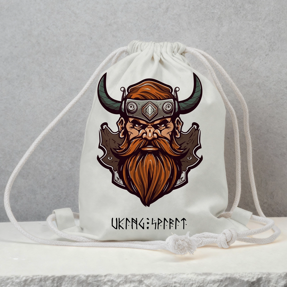 Viking Warrior with Horned Helmet Cotton Canvas Drawstring Bag, Norse Bearded Champion Rune Heat‑Transfer Sack Backpack-Viking Spirit