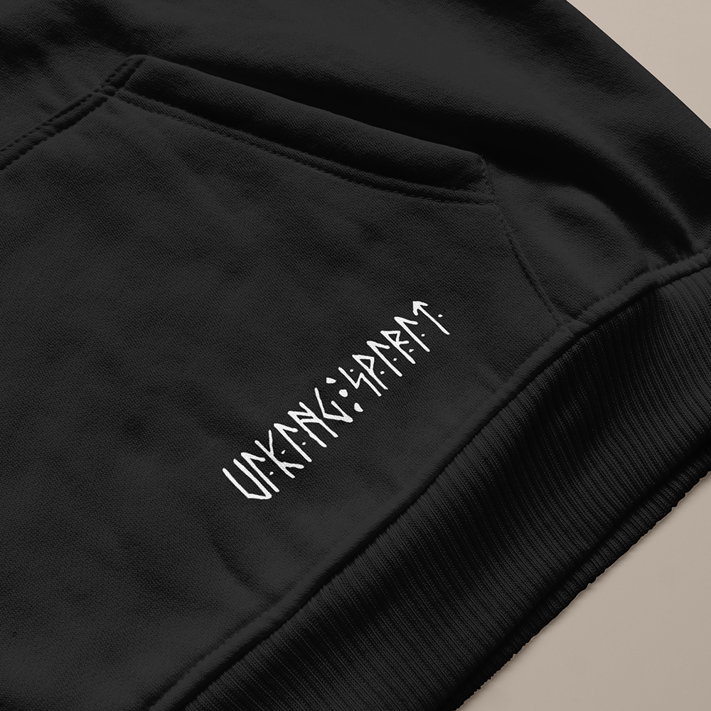 Norse Geometric Sleipnir 8-Legged Horse Totem 550g Heavyweight Cotton Hoodie, Viking Modern Line Pullover with Kangaroo Pocket, Unisex All-Ages Sweatshirt, Viking Spirit Runes on Hem-Viking Spirit