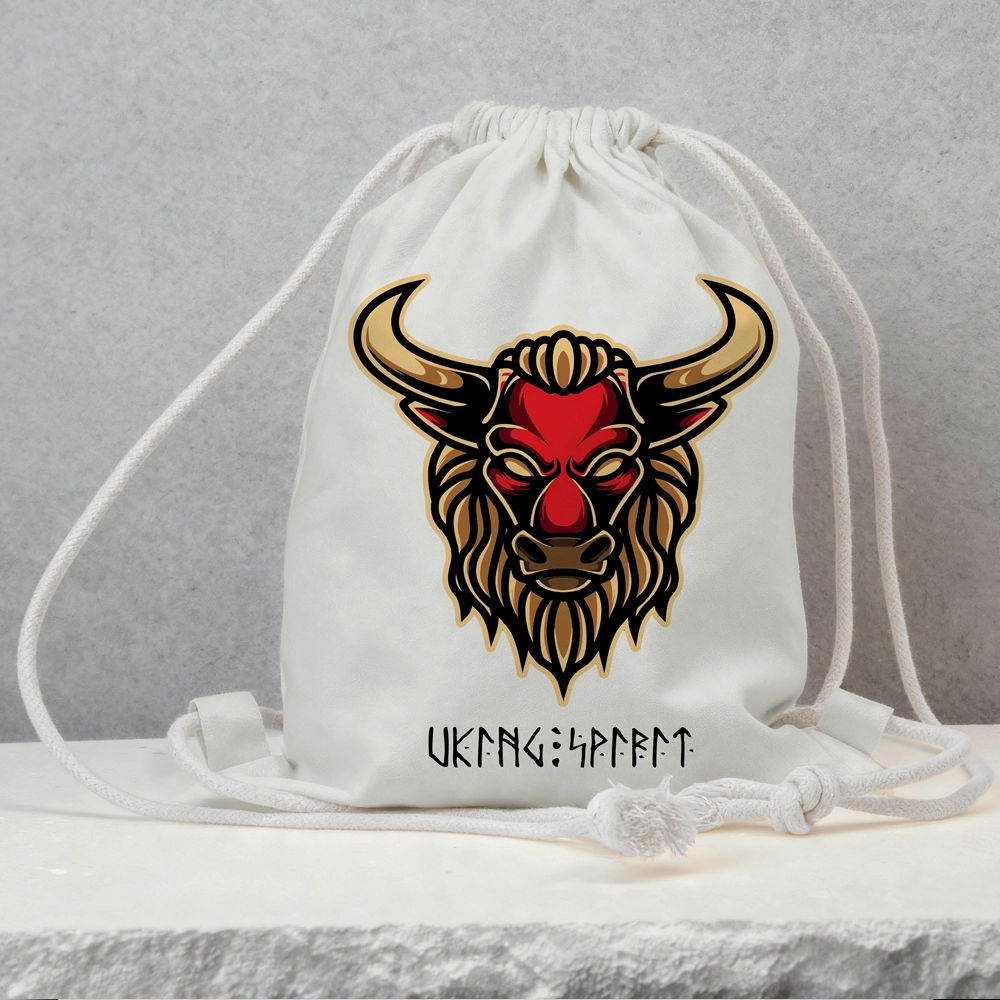 Viking Red Bull Head Totem Cotton Canvas Drawstring Bag, Norse Beast Rune Heat‑Transfer Sack Backpack-Viking Spirit