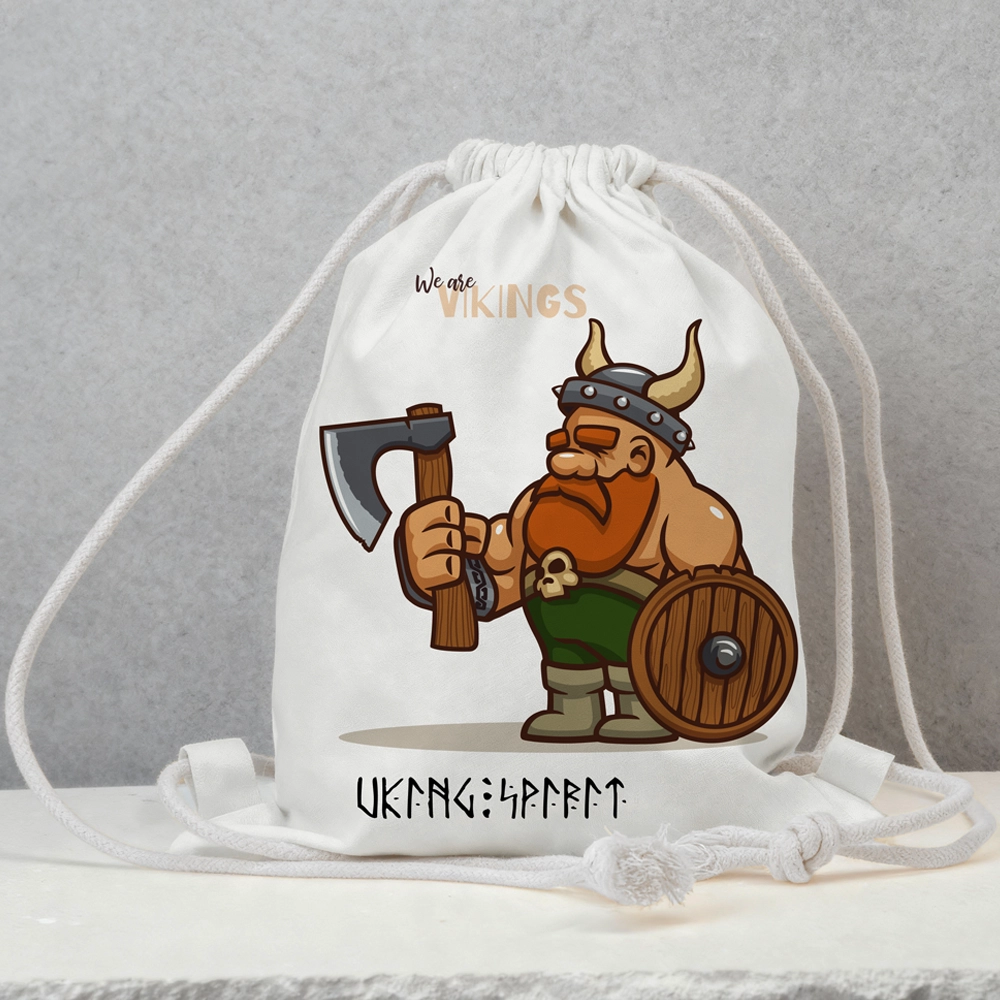 Cartoon Viking Warrior "We are VIKINGS" Cotton Canvas Drawstring Bag, Axe‑Shield Champion Rune Heat‑Transfer Sack Backpack-Viking Spirit