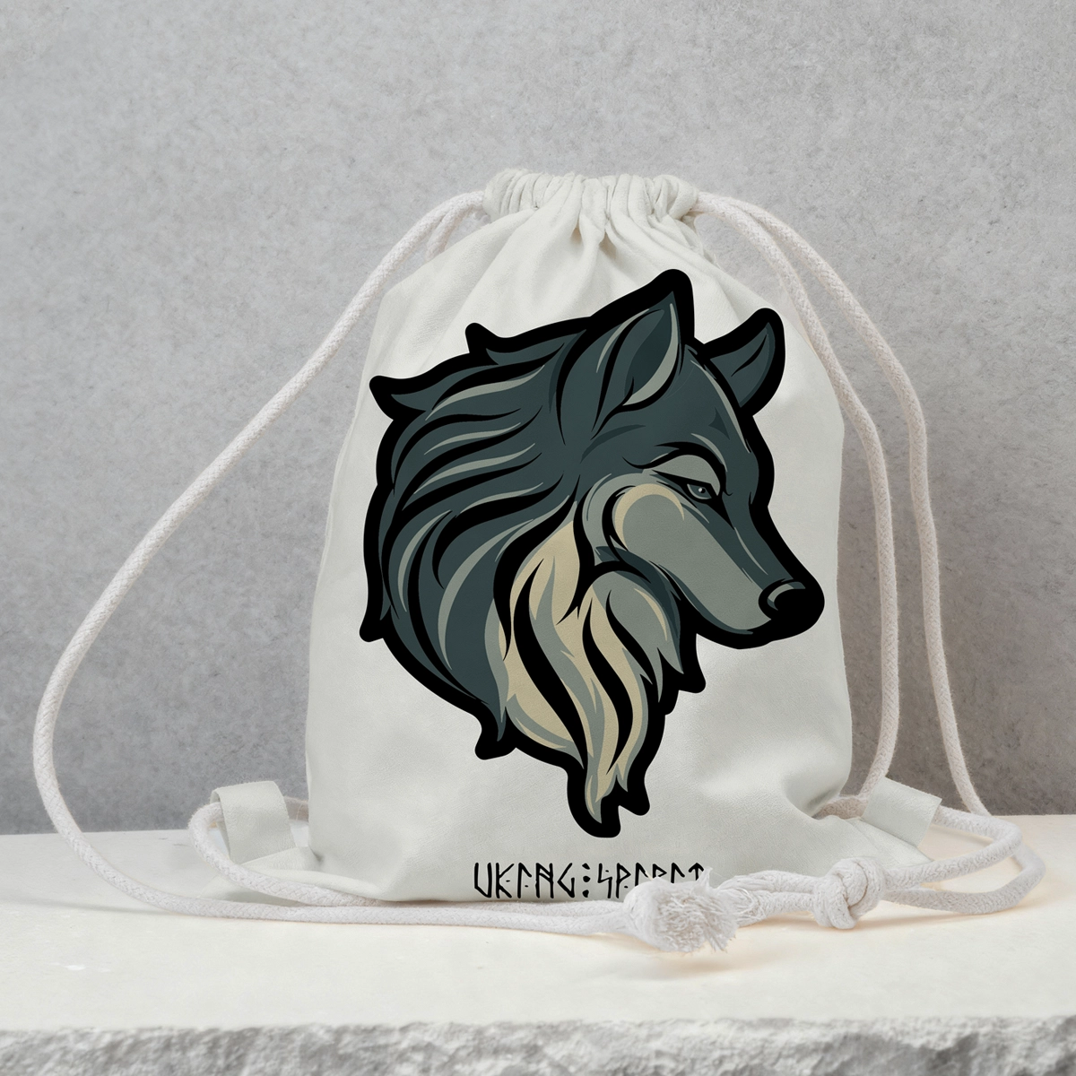  Viking Wolf Totem Cotton Canvas Drawstring Bag, Nordic Rune Heat‑Transfer Sack Backpack