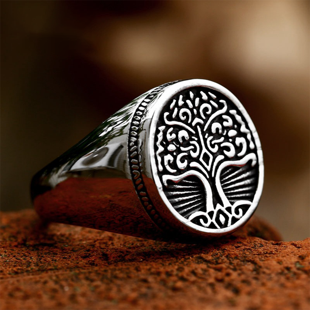 Norse Viking Yggdrasil Tree of Life Signet Ring | 316L Stainless Steel Antique Engraved Unisex Protective Ring