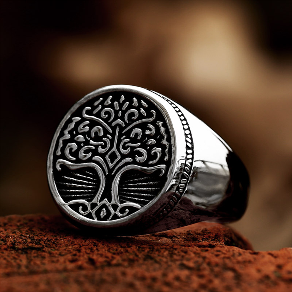 Norse Viking Yggdrasil Tree of Life Signet Ring | 316L Stainless Steel Antique Engraved Unisex Protective Ring