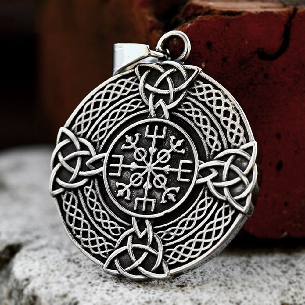 Norse Viking Aegishjalmr Helm of Awe Round Pendant | Celtic Triquetra Knot Amulet, 316L Stainless Steel Unisex Protection Necklace